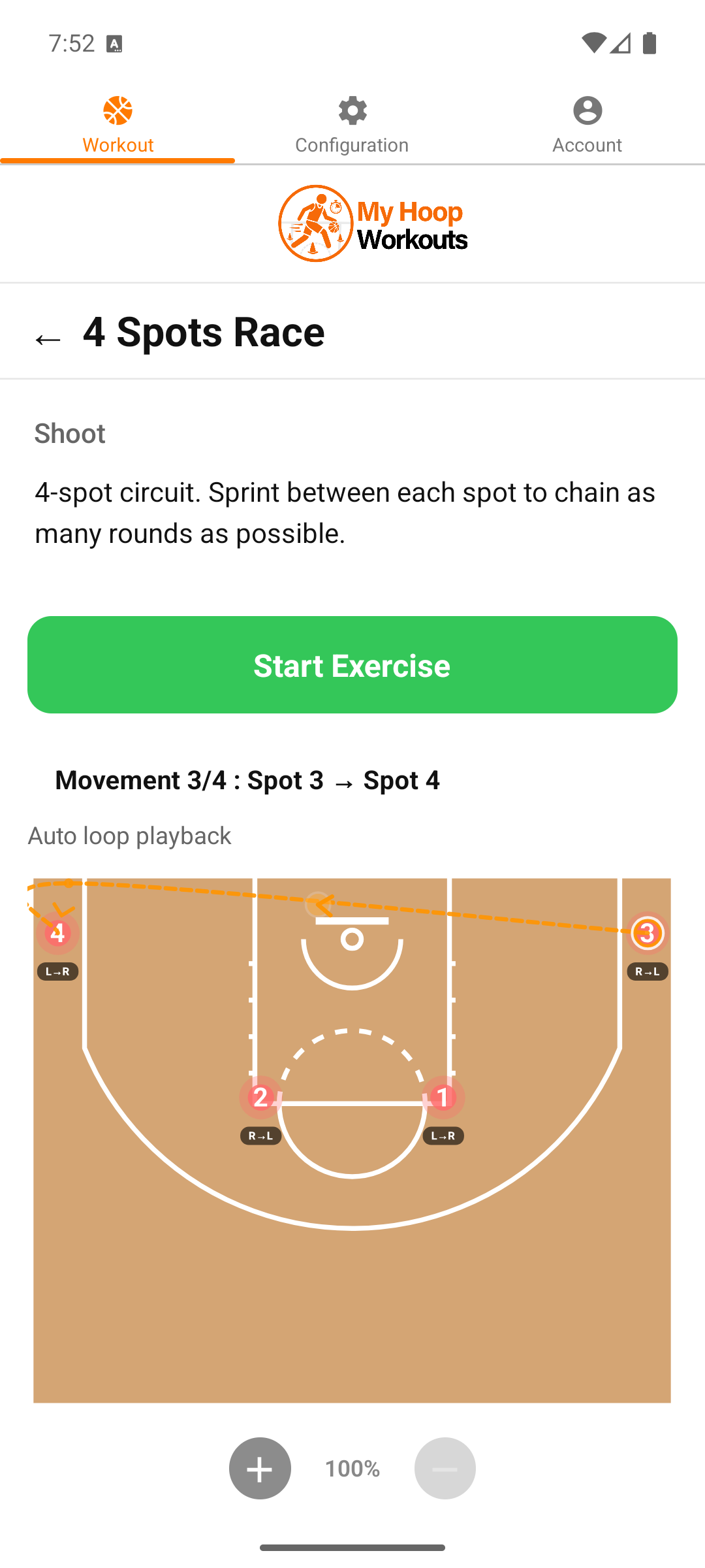 Shooting drill detail screen with court diagram and movement path